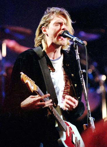 ** ADVANCE FOR MONDAY, APRIL 5 **Kurt Cobain performs in this Dec.13, 1993, file photo during the taping of MTV's Live and Loud Production in Seattle. Cobain committed suicide in 1994. (AP Photo/Robert Sorbo/FILE)